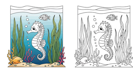 Cute cartoon seahorse and fish swimming underwater with seaweed and coral. Vector illustration of marine life for kids coloring book or educational design. © MstSangita