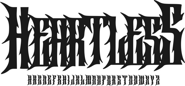 HEARTLESS Extreme Gothic Display Font Alphabet &ndash; Sharp Blackletter Font Type with Aggressive Spiked Letterforms, Dark Typography Meaning for Tattoo Design,and Underground Graphic Design Projects