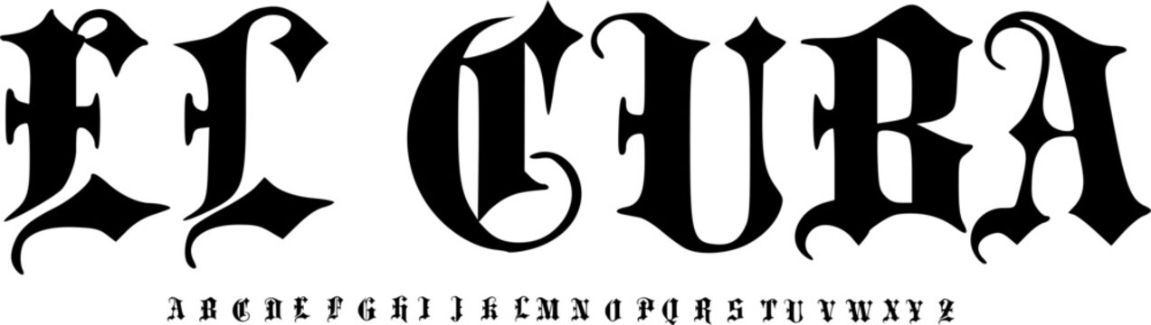 Classic Blackletter Display Font Alphabet &ndash; Bold Gothic Old English Font Type with Traditional Medieval Style, Strong Typography Meaning for Tattoo Lettering, and Historical Graphic Design Projects