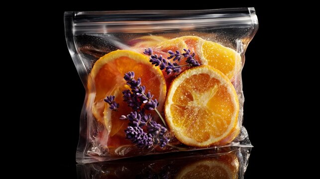 vacuum sealed bag with orange slices and lavender hyperreal product composition