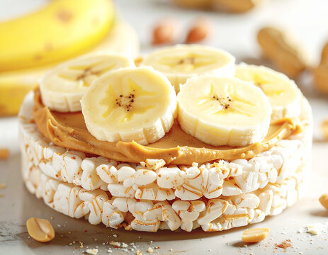Rice cakes with peanut butter and banana, closeup. AI