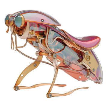 Intricate mechanical insect with iridescent wings and gears, a fascinating blend of nature and technology.