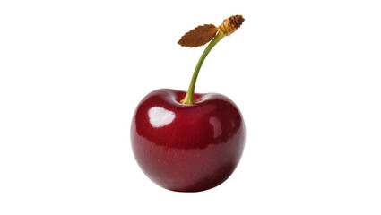 Glossy dark red cherry with vibrant green stem and single leaf, showcasing juicy freshness © Ines