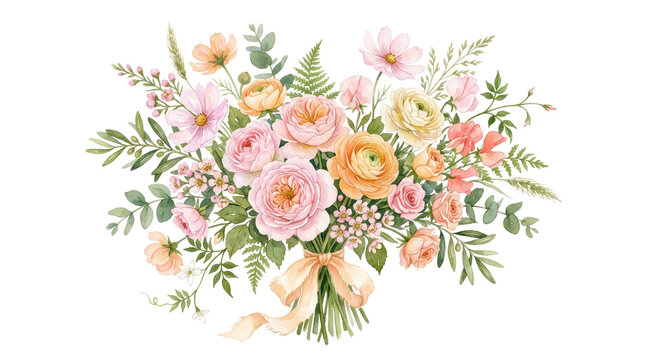 Watercolor floral arrangement with roses, cosmos, and ranunculus in soft pastel colors