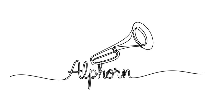 Minimalist continuous line drawing of alphorn instrument on white background. No editable strokes
