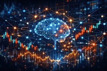 Obraz premium Digital artwork depicting a brain made of circuits, surrounded by colorful data graphs and glowing lines, illustrating artificial intelligence and technology themes