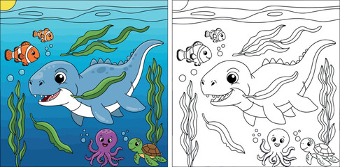 Cute cartoon prehistoric marine dinosaur swimming underwater with fish, octopus and turtle. Happy aquatic animal vector illustration for kids background. © MstSangita