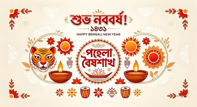 Bengali New Year Banner Background with Traditional Pohela Boishakh Elements, Colorful Floral Ornaments, and Folk Art on White Space