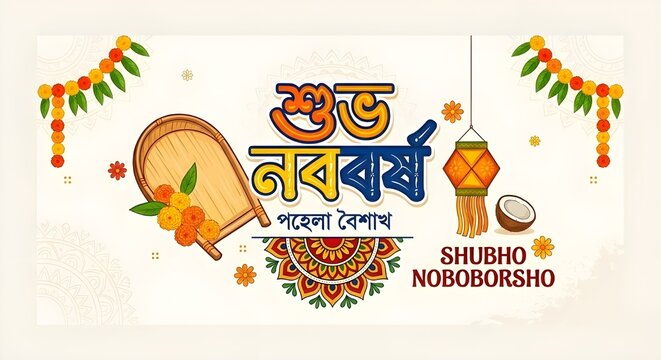 Bengali New Year Greeting Card Design with Traditional Pohela Boishakh Elements, Mangal Ghat, Kula, and Marigold Flowers on White Background.