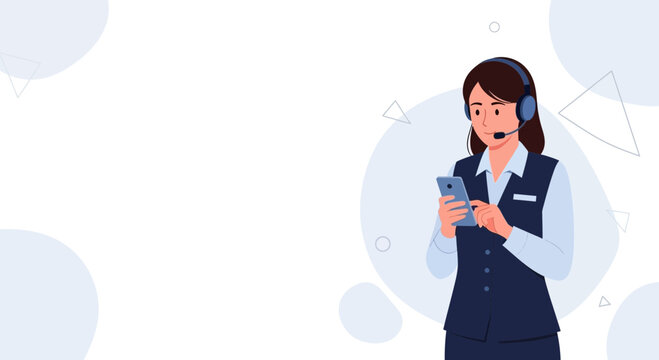 Customer service operator with headset and smartphone, online support, digital communication