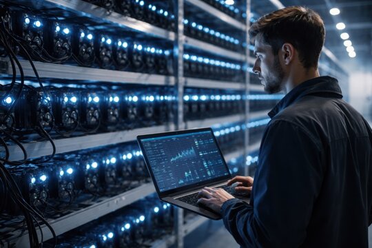 Male technician checks data on laptop while overseeing cryptocurrency mining equipment in a data center with illuminated servers and cooling fans