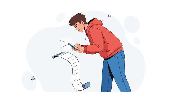 Young man using smartphone to scan long scroll paper, modern technology concept