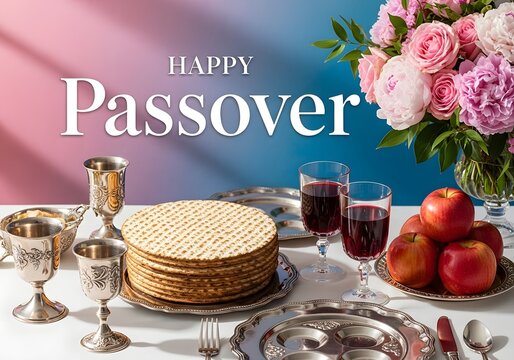 A beautifully set table for a Passover celebration with traditional Jewish foods
