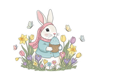 Obraz premium Easter Bunny Holding an Egg in a Garden Surrounded by Butterflies and Spring Flowers