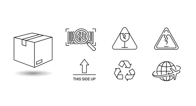 Packaging Shipping Icons Set: Box, Barcode Scan, Fragile, Recycle, Globe