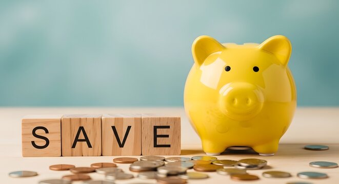Yellow piggy bank with coins and 'save' blocks on a white surface