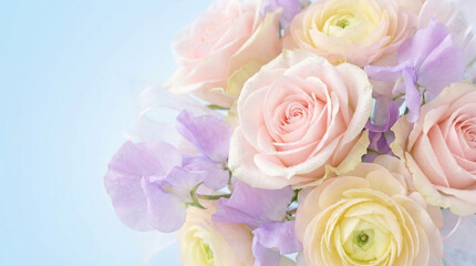 Naklejka premium Elegant bouquet of pastel pink roses and light purple sweet peas on a soft blue background, perfect for spring celebrations. 4k , Generative AI.