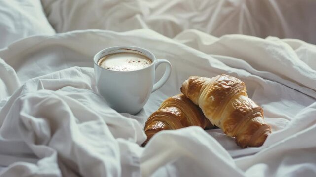 A coffee cup with a foamy beverage accompanied by a sweet pastry on the blanket of a neatly made bed, representing a calming and indulgent start to the day or end to the night.