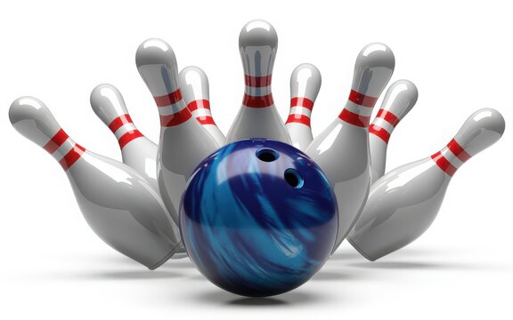 A bowling ball striking down ten pins in a classic bowling game setup