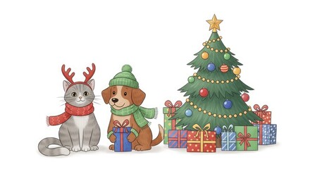 Fototapeta premium Festive animals and christmas tree a holiday scene