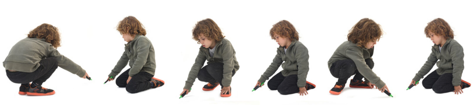 several poses of the same child kneeling and squatting, drawing or writing something imaginary
