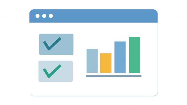 Animated flat design web browser UI dashboard with checkmarks and growing bar chart on transparent background.
