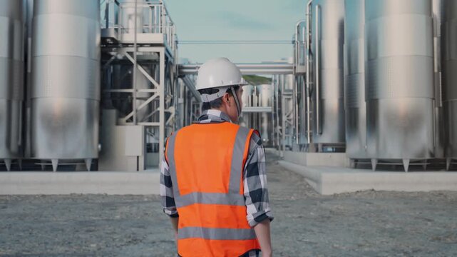 Back of Asian Male Engineer Walking at Industrial Chemical Plant with Row of Stainless Steel Storage Silos