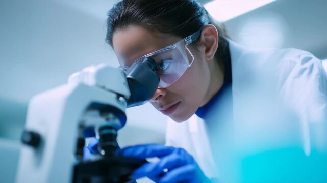 Female scientist examining sample through microscope in modern laboratory. scientist, microscope, laboratory, research, science, biotechnology, medical lab, diagnostics, analysis, healthcare, experime