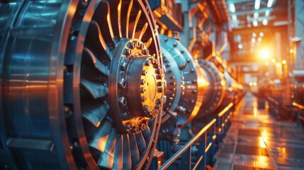 A powerful gas turbine with blades rotates in an industrial hall bathed in orange light, illustrating energy generation and serving as the main backdrop for energy-related publications.