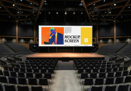 Conference Stage Event Wide Screen Mockup. Summit Hall Display Template