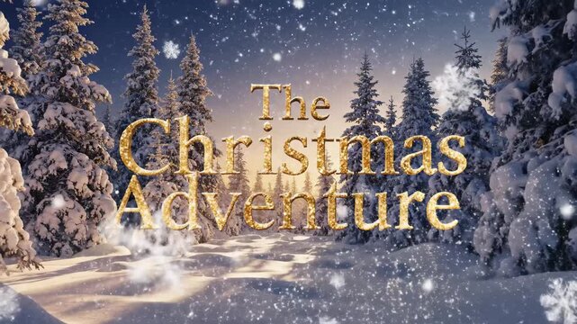 Snowy Christmas landscape with golden text, winter forest scene