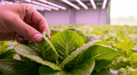 Obraz premium Close-up of A Hand Inspecting Fresh, Dewy Lettuce Leaves in A Modern Indoor Farm with Vibrant LED Lighting Concept Delicious Food