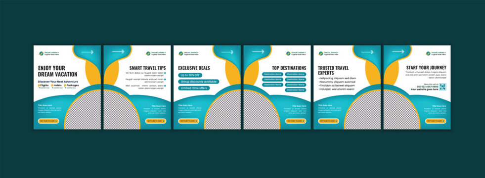 Travel Business Promotional Social Media Carousel Template With Holiday Deals And Booking Layout