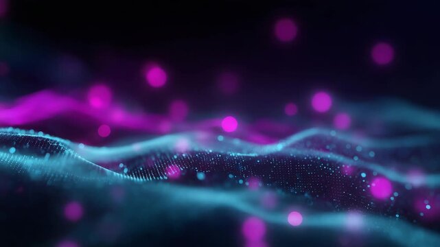 Glowing digital wave with blue and pink particles in abstract motion scene. abstract, digital wave, neon particles, technology background, glowing dots, futuristic design, data visualization, motion, 