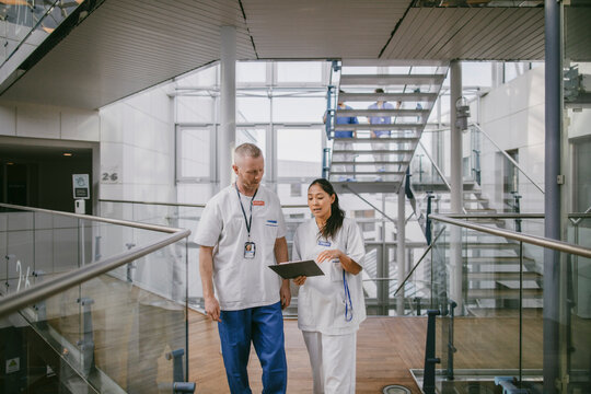 Female doctor discussing medical record with male colleague while standing in hospital corridor
