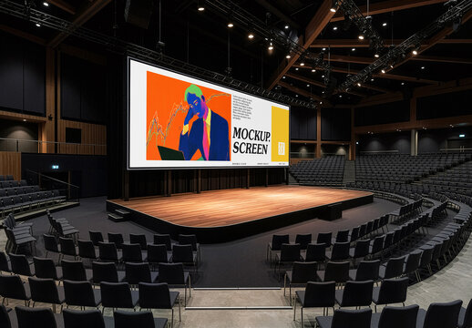 Conference Stage Event Side View Screen Mockup. Summit Hall Display Template