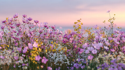 Naklejka premium Pastel wildflower meadow in soft summer evening light with pink lilac white and yellow blooms, serene natural landscape, 3d illustration