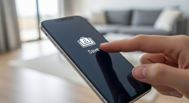 Close-up of A Hand Pressing The Save Button on A Smartphone Screen in A Cozy Living Room Setting Concept Animal Care and Wellness