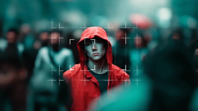 Hooded woman identified by facial recognition scan in crowded urban scene. facial recognition, surveillance, biometric scan, face detection, ai monitoring, security, privacy, tracking, crowd, digital 