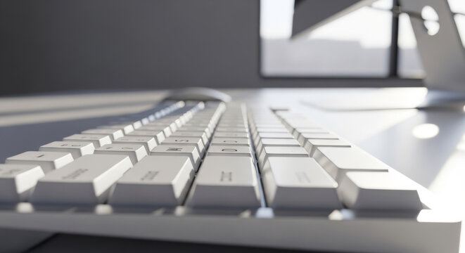 Close-up of A Modern White Keyboard on A Desk, Featuring Soft Natural Light and A Blurred for A Serene Workspace Vibe Concept Architecture and Design