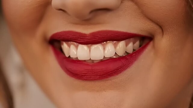 Close up of a womans smiling mouth with red lipstick and perfect white teeth.