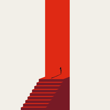 Minimal vector illustration concept. A business woman climbs red stairs to an open door, representing a new job, career opportunity, and future growth. Symbol for entering corporate leadership.