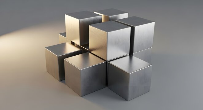 Geometric Cluster of Nine Textured Metallic Cubes with Directional Lighting