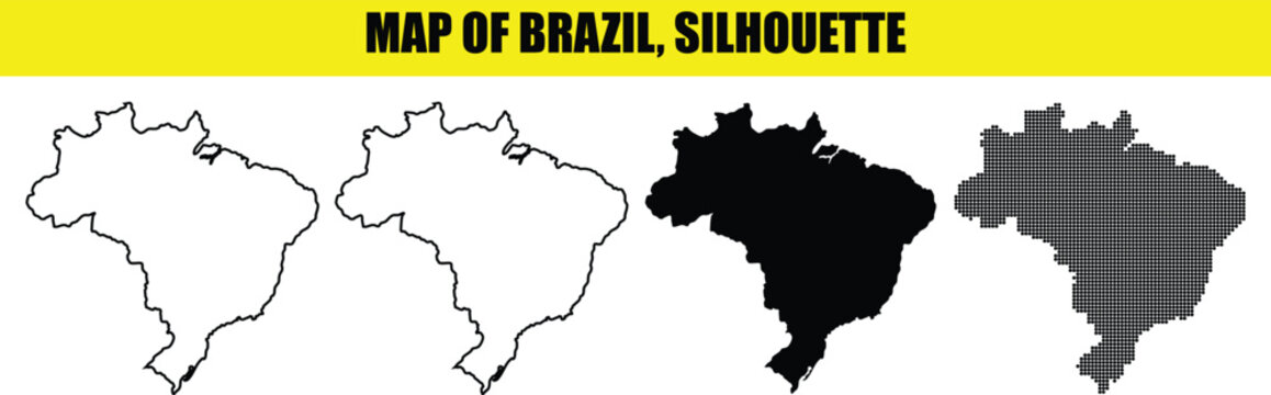 Brazil map silhouettes including outline solid black and halftone dot styles isolated on transparent background.