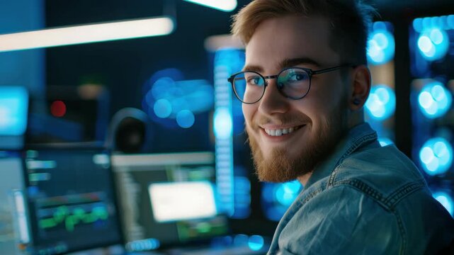A cheerful computer scientist posing in a high-tech environment. He's wearing glasses and is engrossed in his work, ready to tackle complex problems with enthusiasm.