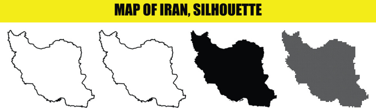 Iran map silhouettes pack with outline solid black and dotted halftone styles isolated on transparent background.