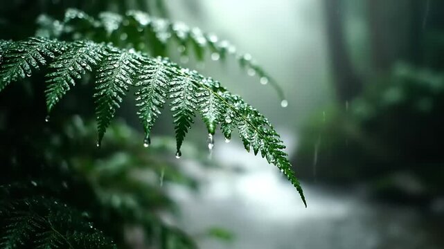 Close-up of a fern leaf with water droplets in a misty forest.