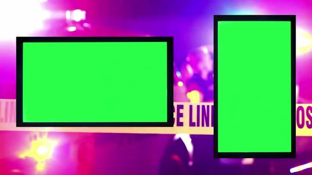 Police Crime Scene Background with Green Screen Frames and Police Line