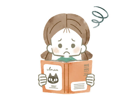 困った表情で本を読んでいる女の子-水彩