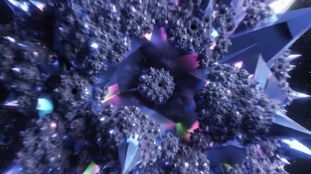 Abstract crystalline structure with sharp points floats in a star-filled void with colorful geometric shapes